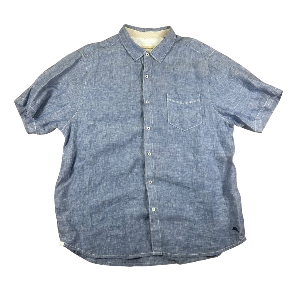 Tommy Bahama‎ Mens XL Blue 100% Linen Short Sleeve Button Up Shirt Tropical